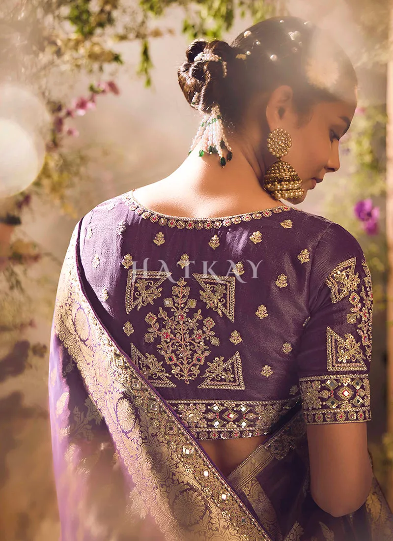 Deep Purple Embroidery Banarasi Saree