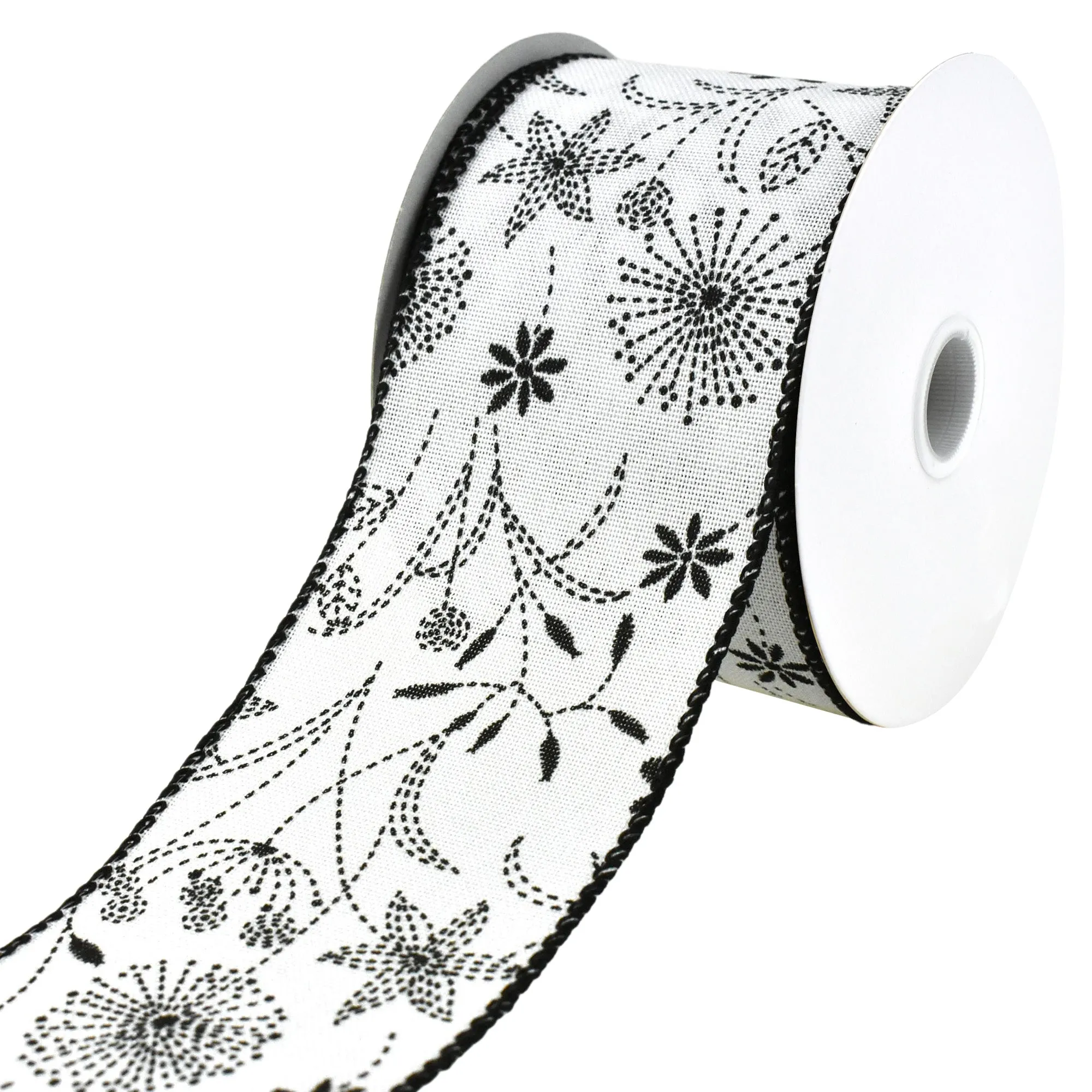 Doodle Flowers Faux Linen Wired Ribbon, 10-yard
