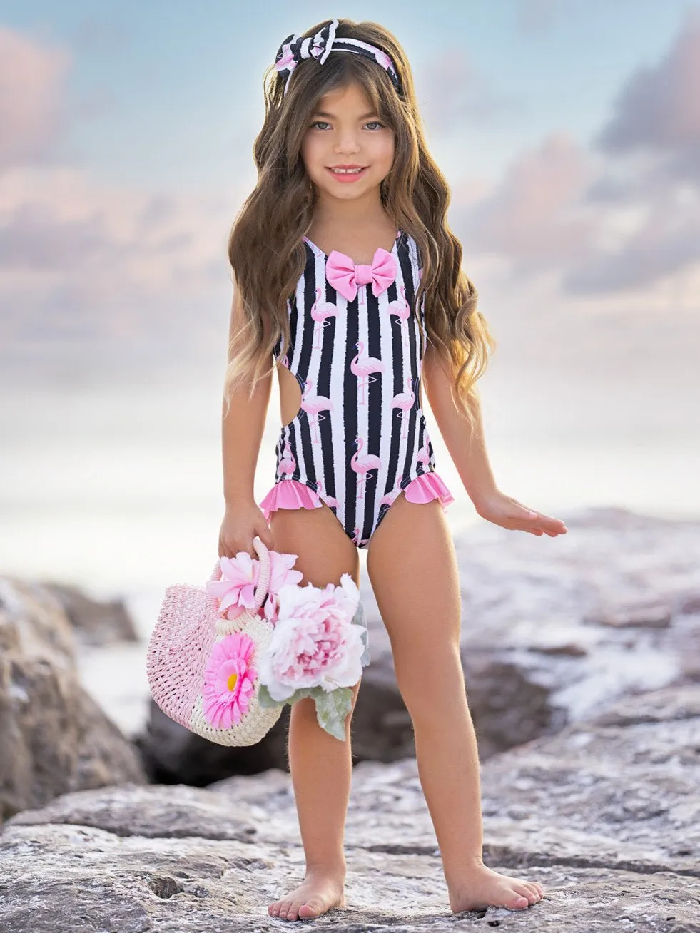 Flamingo Stripes Bow One-Piece Swimsuit