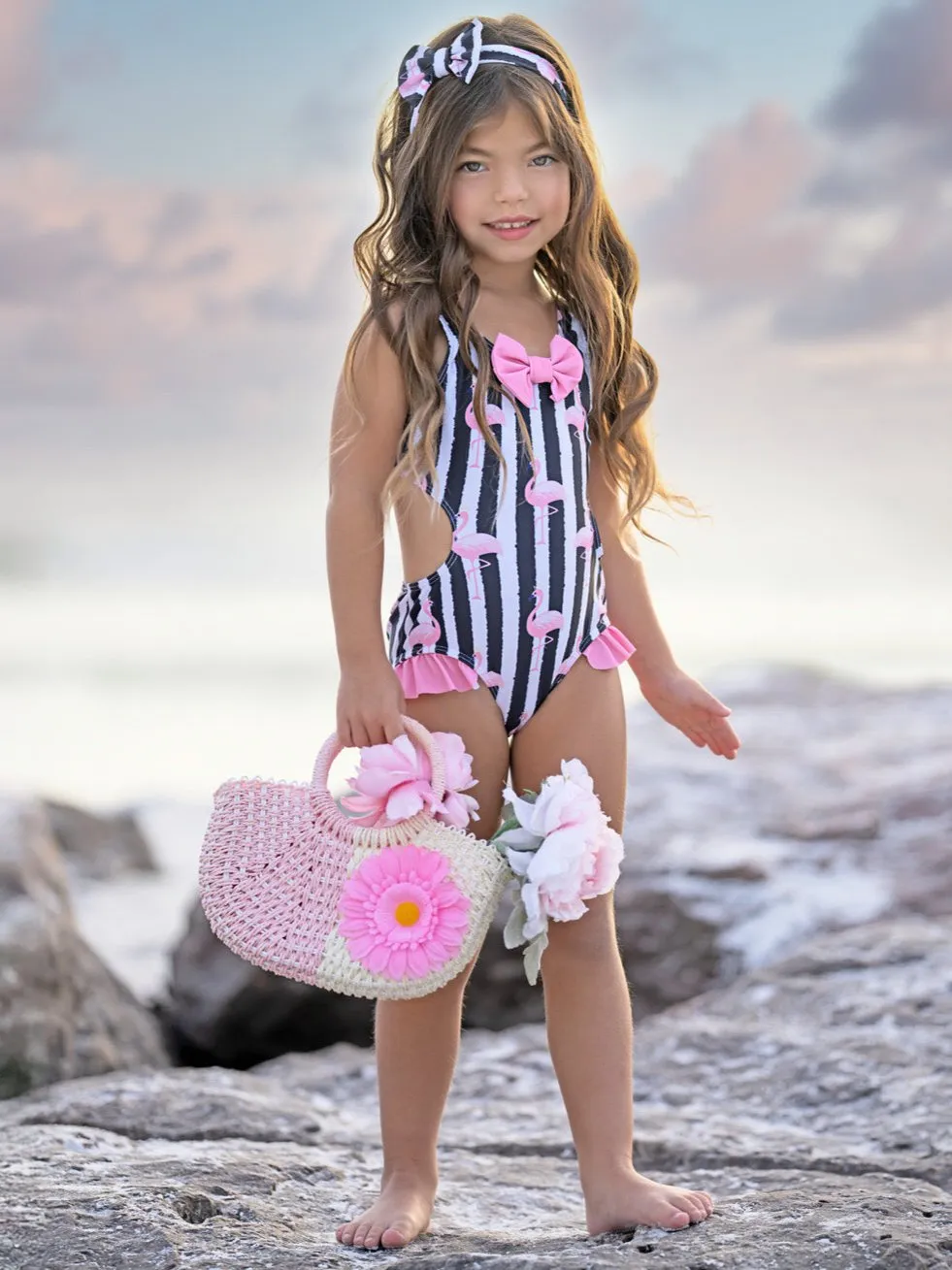 Flamingo Stripes Bow One-Piece Swimsuit