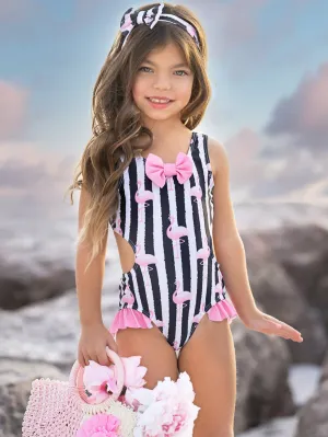 Flamingo Stripes Bow One-Piece Swimsuit