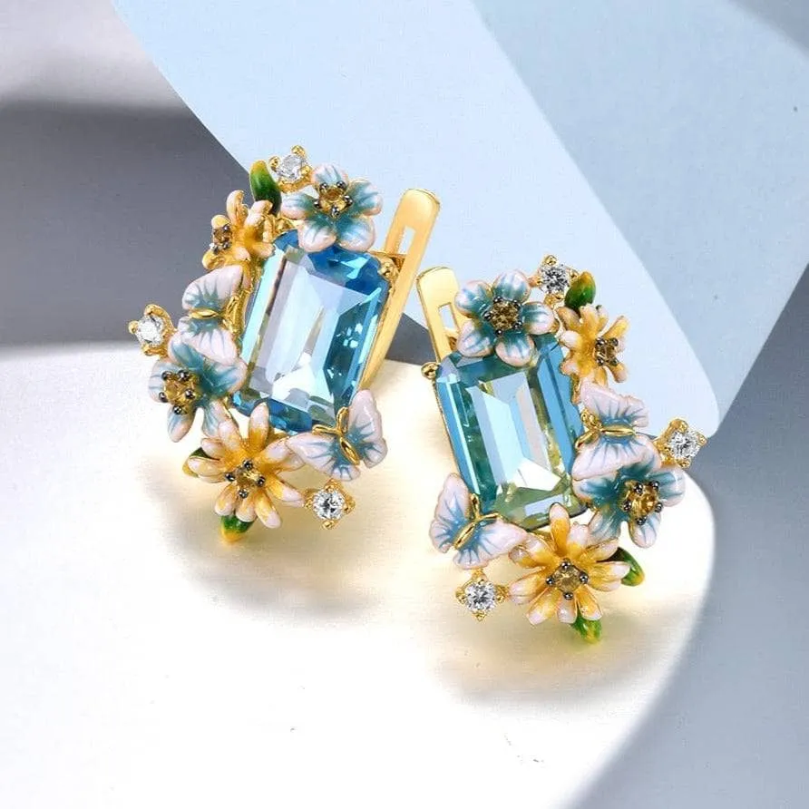Flowers & Butterfly Enamel Earrings