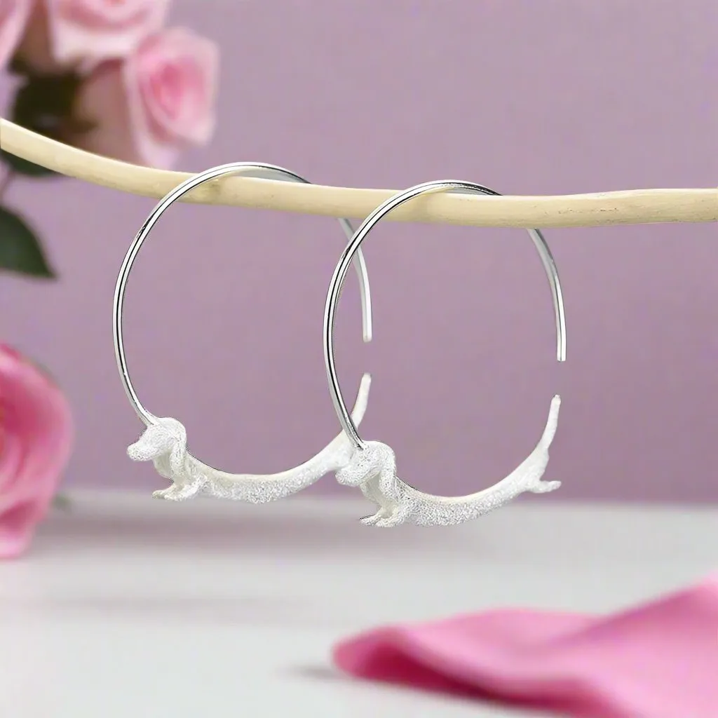 Flying Dachshund Dog Round Hoop Earrings