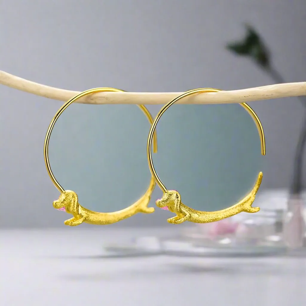 Flying Dachshund Dog Round Hoop Earrings