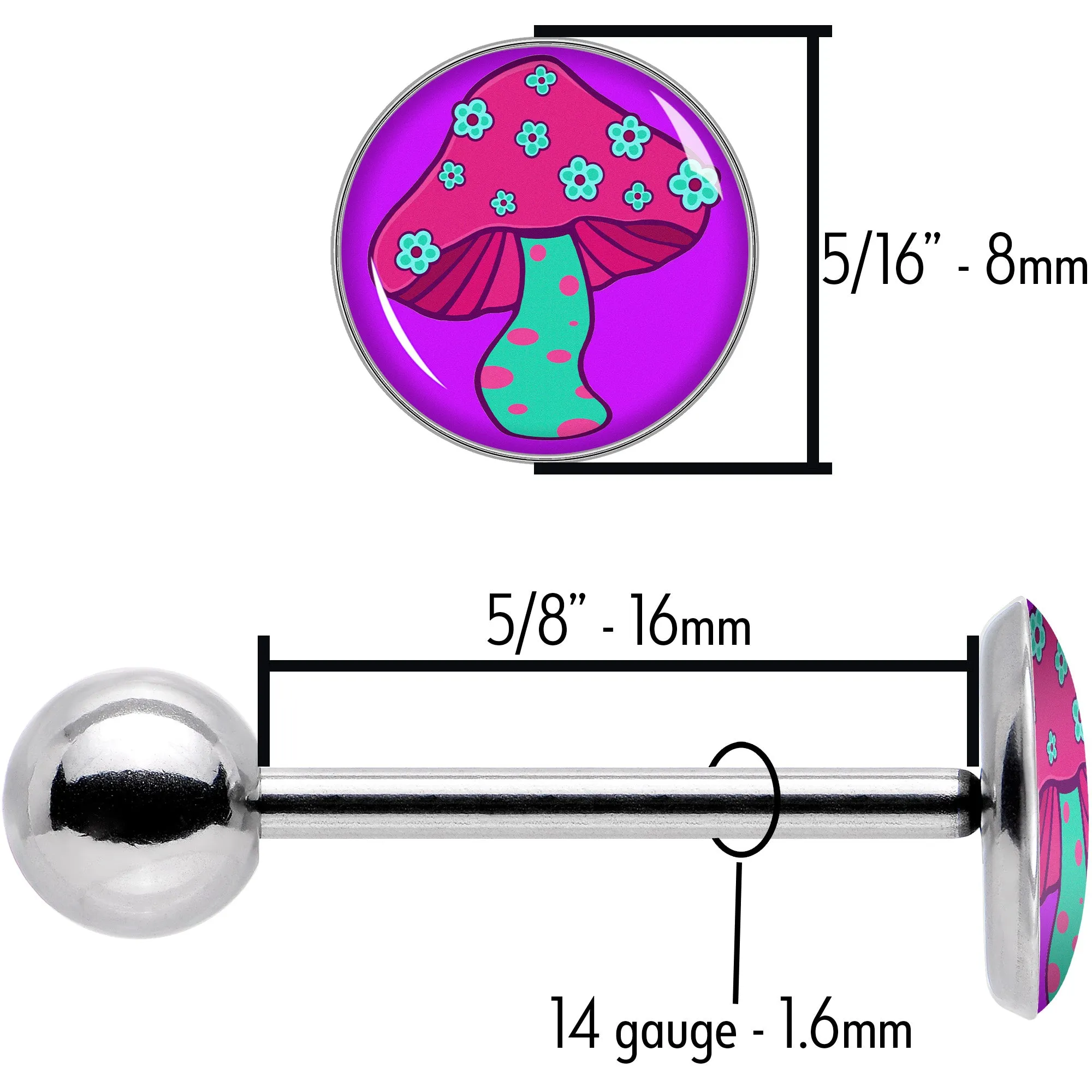 Funky Floral Mushroom Barbell Tongue Ring