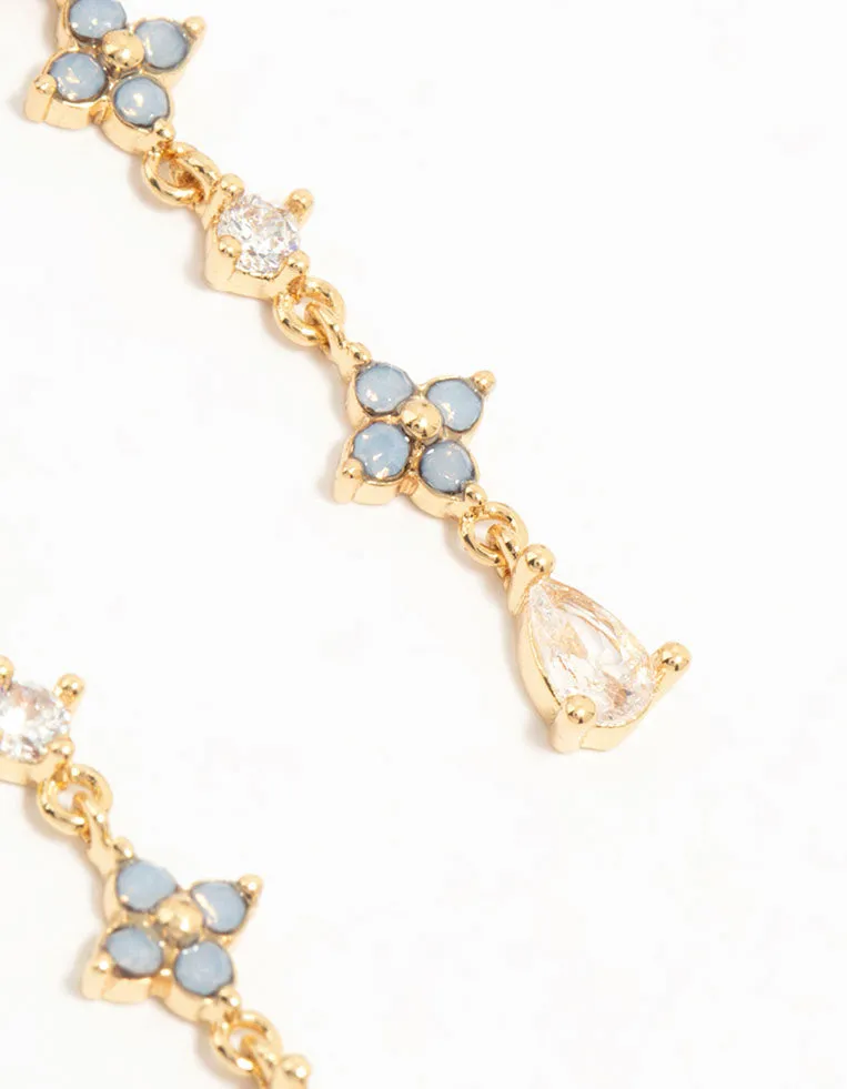 Gold Plated Blue Cubic Zirconia Floral Drop Earrings