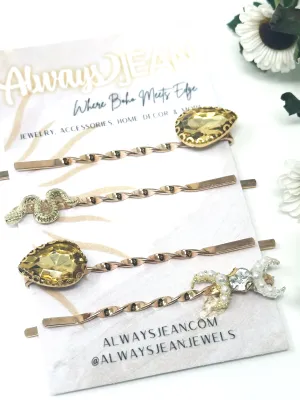 Gold Snake and Gold Faux Diamond Pin Set- Celestial, gemstone hair accessories- fun wedding hair accessories