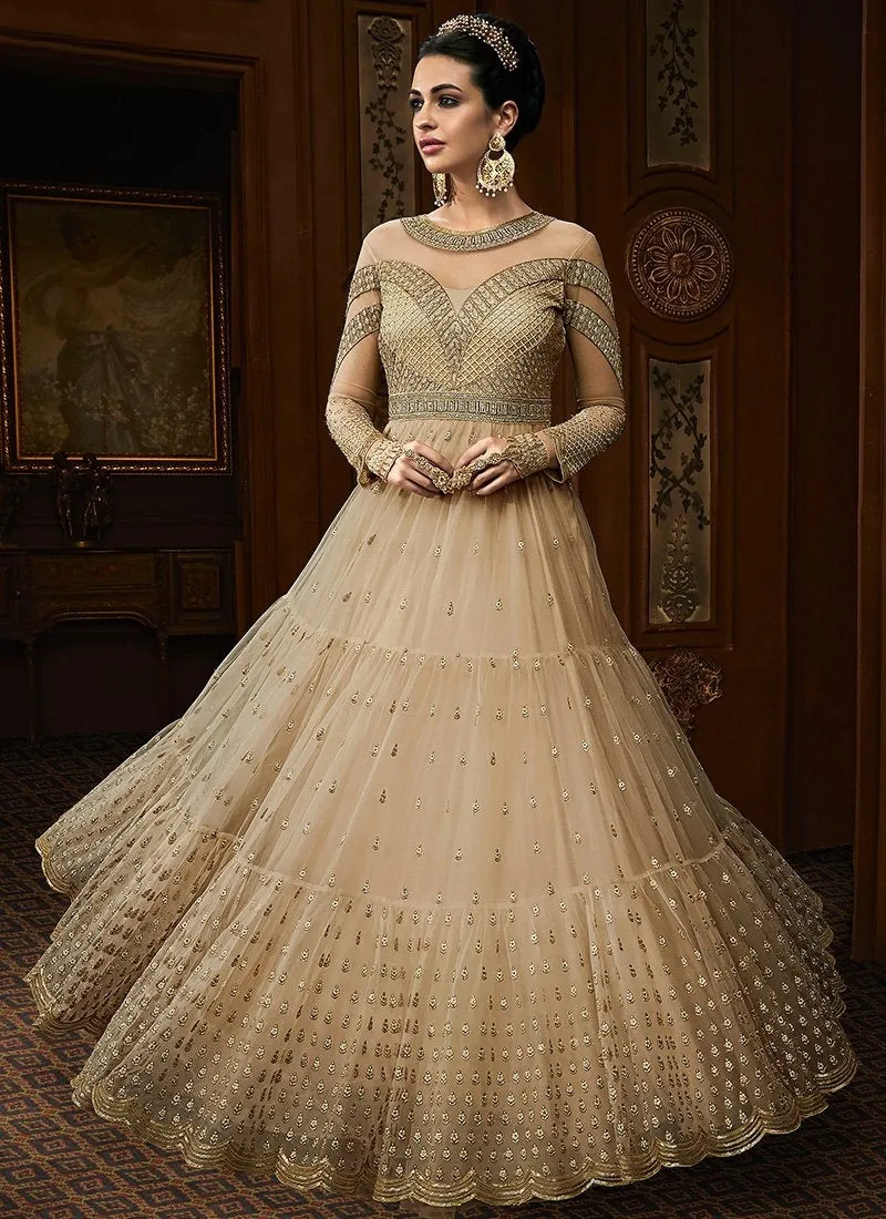 Golden Overall Embroidered Net Anarkali Suit