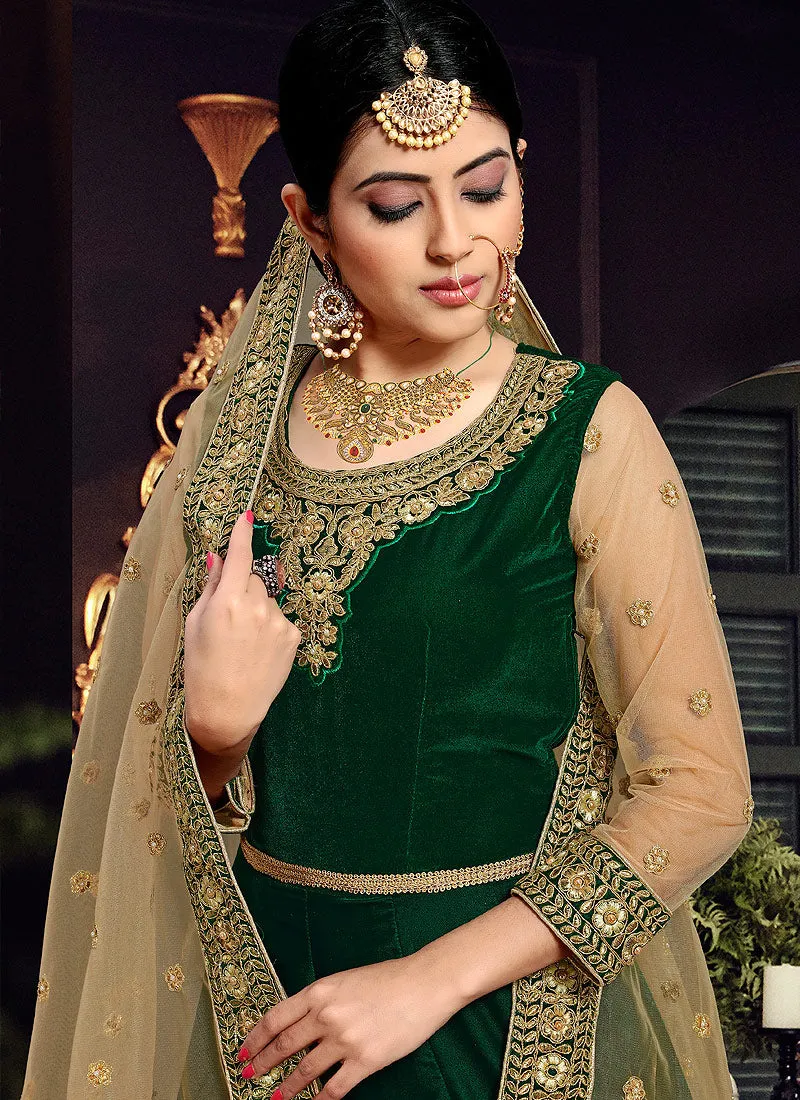 Green And Golden Embroidered Velvet Anarkali Suit