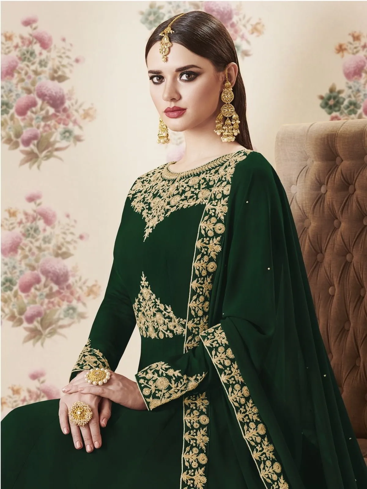 Green Embroidered Georgette Anarkali Suit