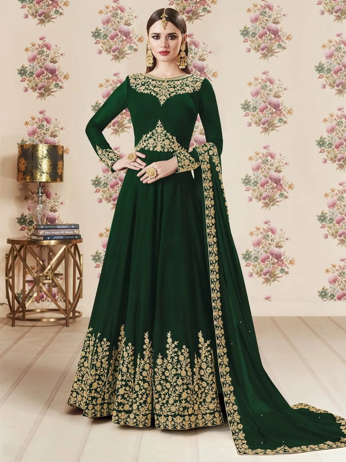 Green Embroidered Georgette Anarkali Suit