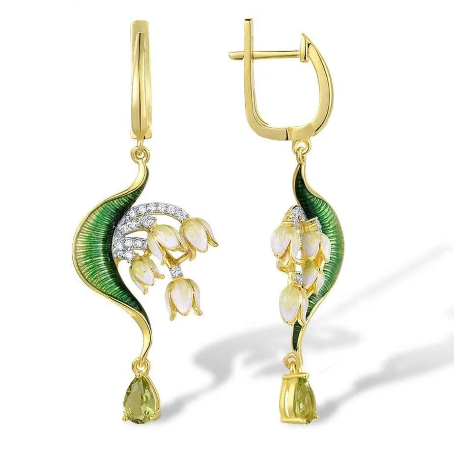 Green Enamel Flower Drop Earrings with Diamond