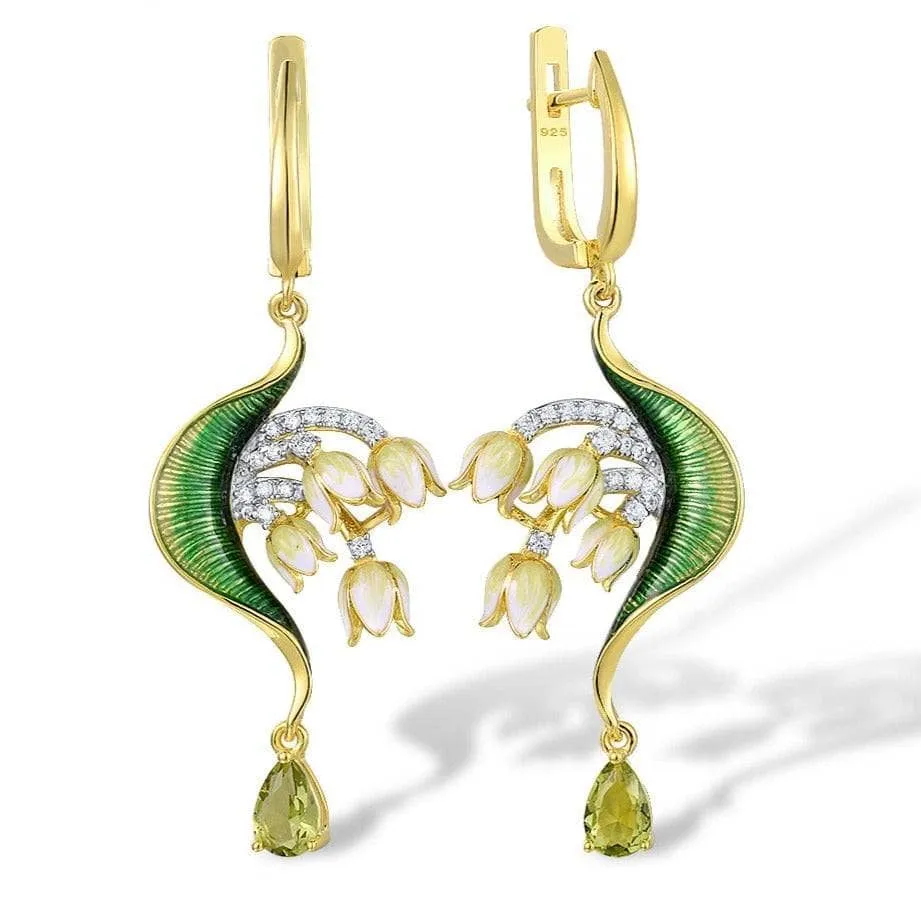 Green Enamel Flower Drop Earrings with Diamond