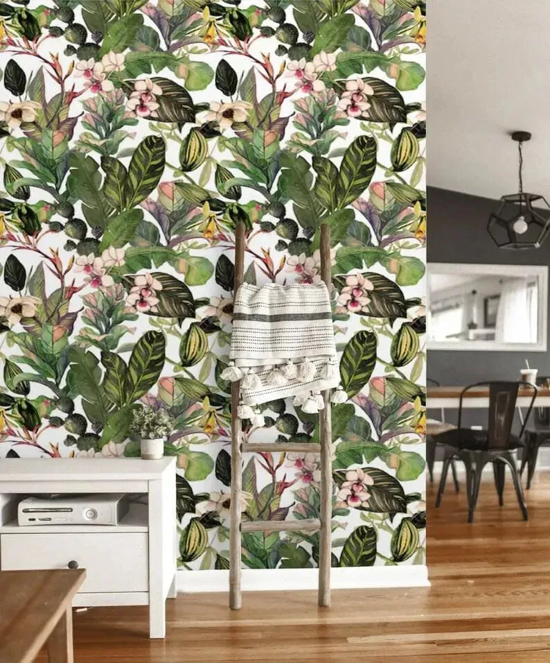 Green Tropical Leaves and Flowers Watercolor Wallpaper