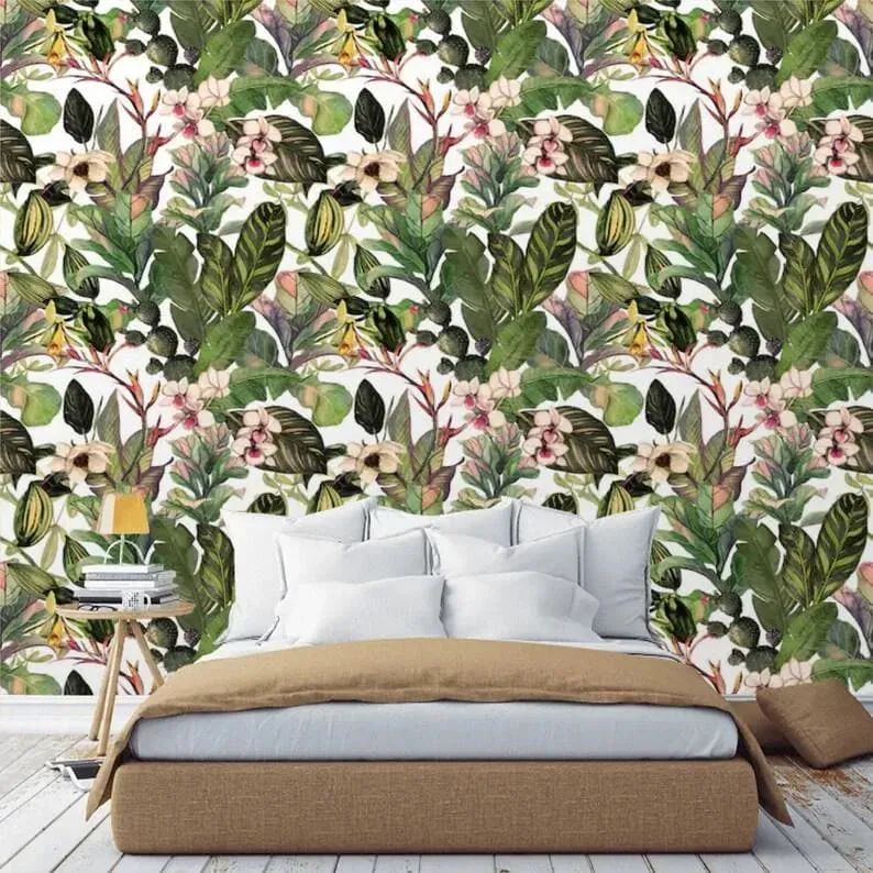 Green Tropical Leaves and Flowers Watercolor Wallpaper