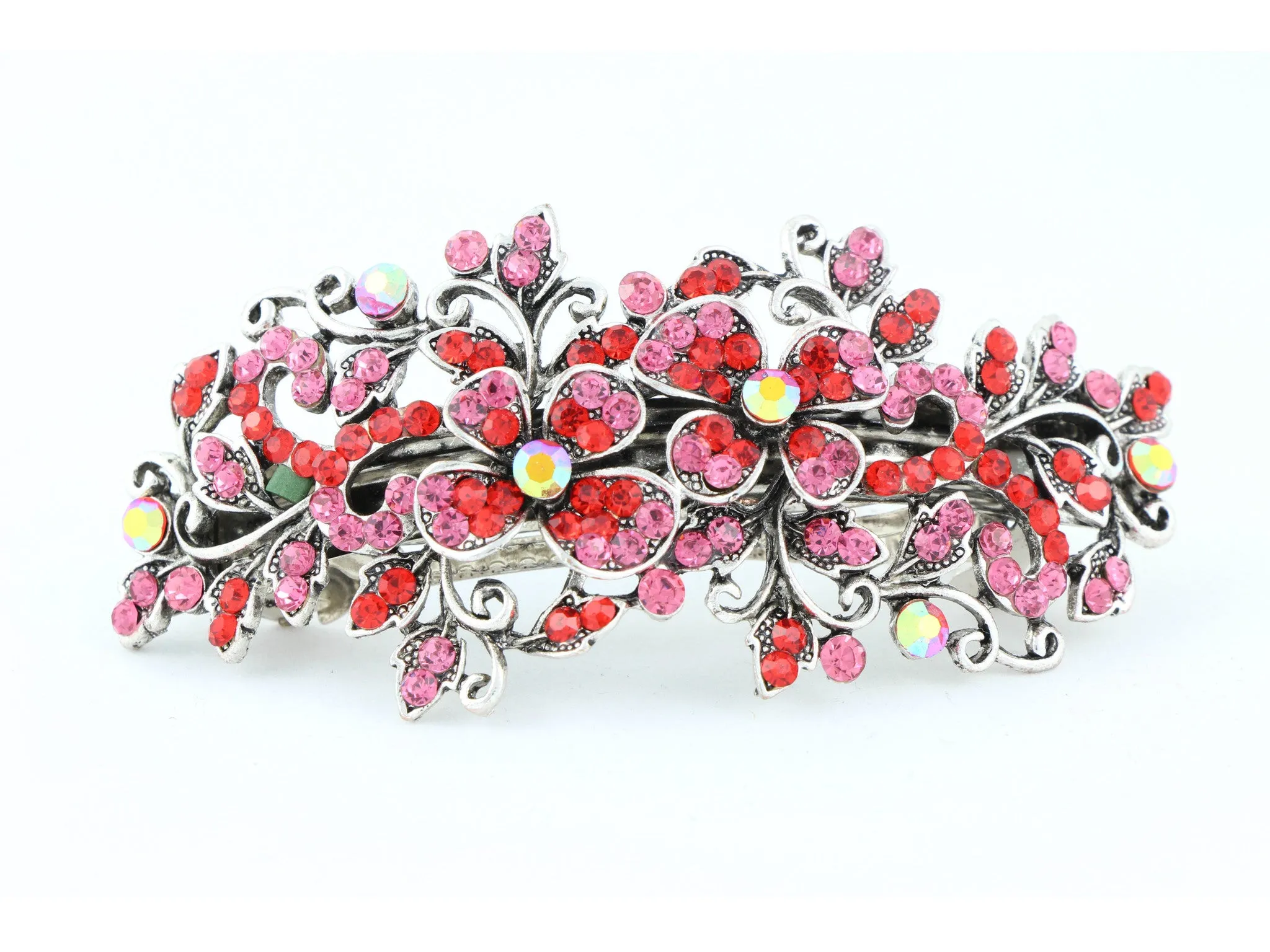 Hair barrette clip with butterfly flowers and leaves - Red