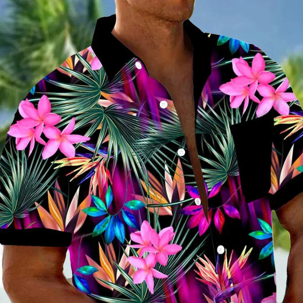 Hawaiian Floral 3D Gradient Print Oversized Short Sleeve Shirt