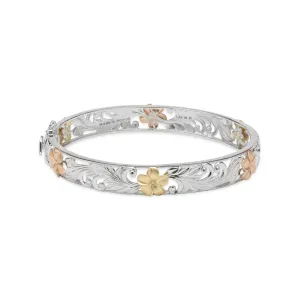 Hawaiian Heirloom Plumeria Hinge Bracelet in Tri Color Gold - 10mm