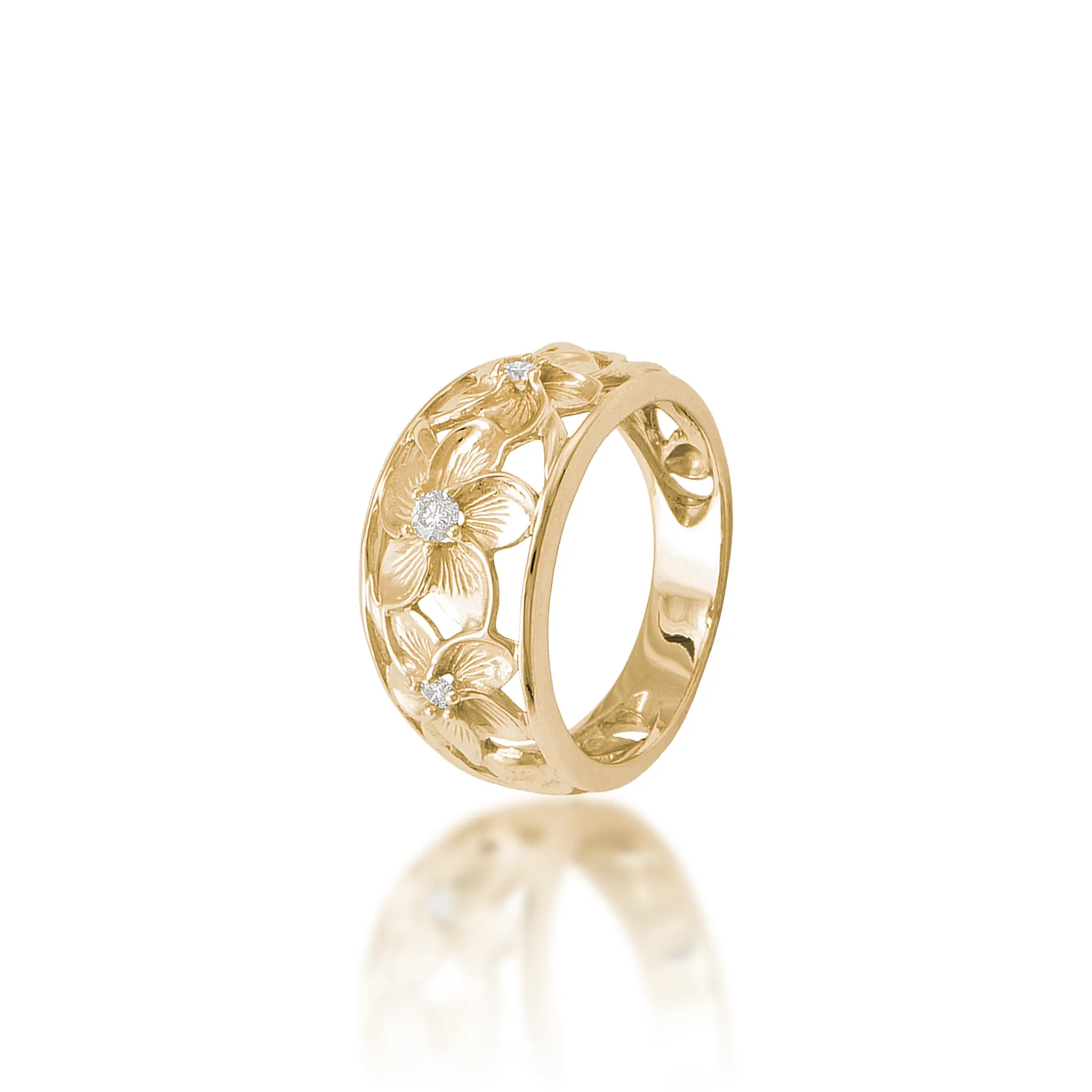 Hawaiian Heirloom Plumeria Ring in Gold with Diamonds - 11mm