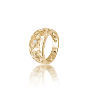 Hawaiian Heirloom Plumeria Ring in Gold with Diamonds - 11mm