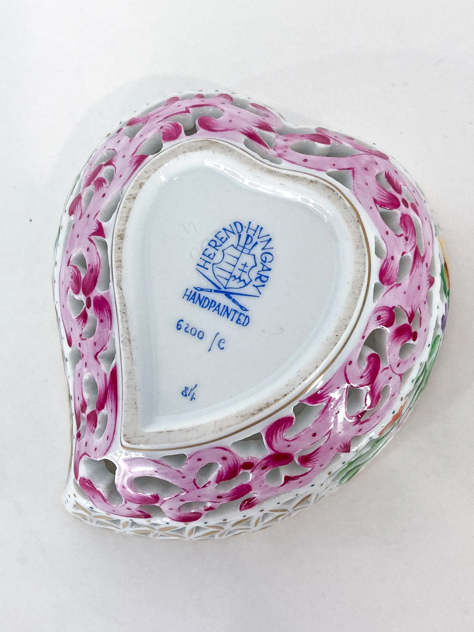 Herend Hand Painted Floral Lattice Reticulated Porcelain Rose Heart Box