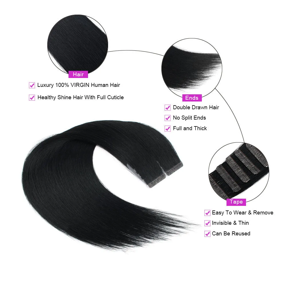 Jet Black (#1) Virgin Tape  In Hair Extensions