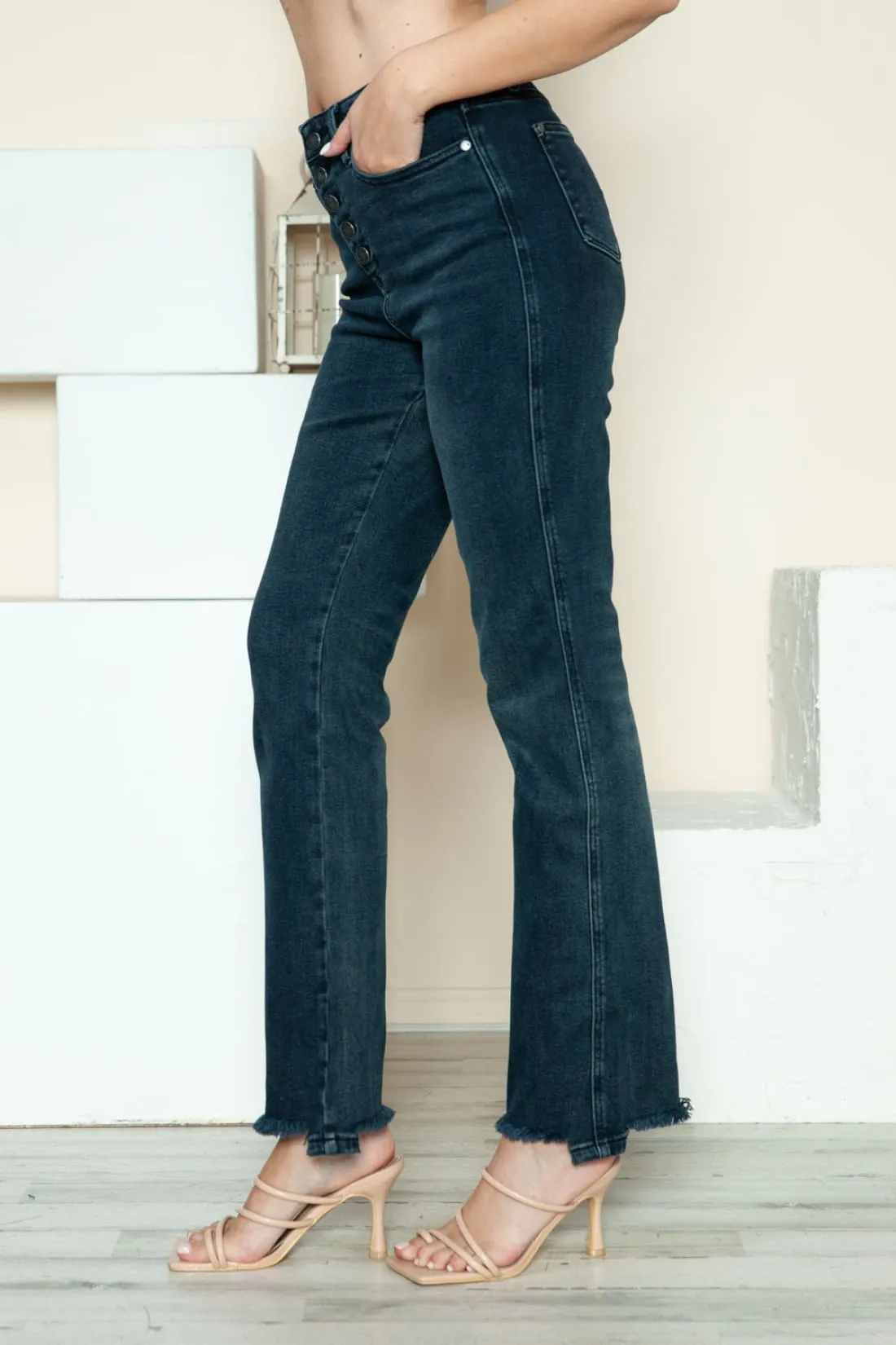 Judy Blue Button Fly Destroyed Hem Straight Jeans