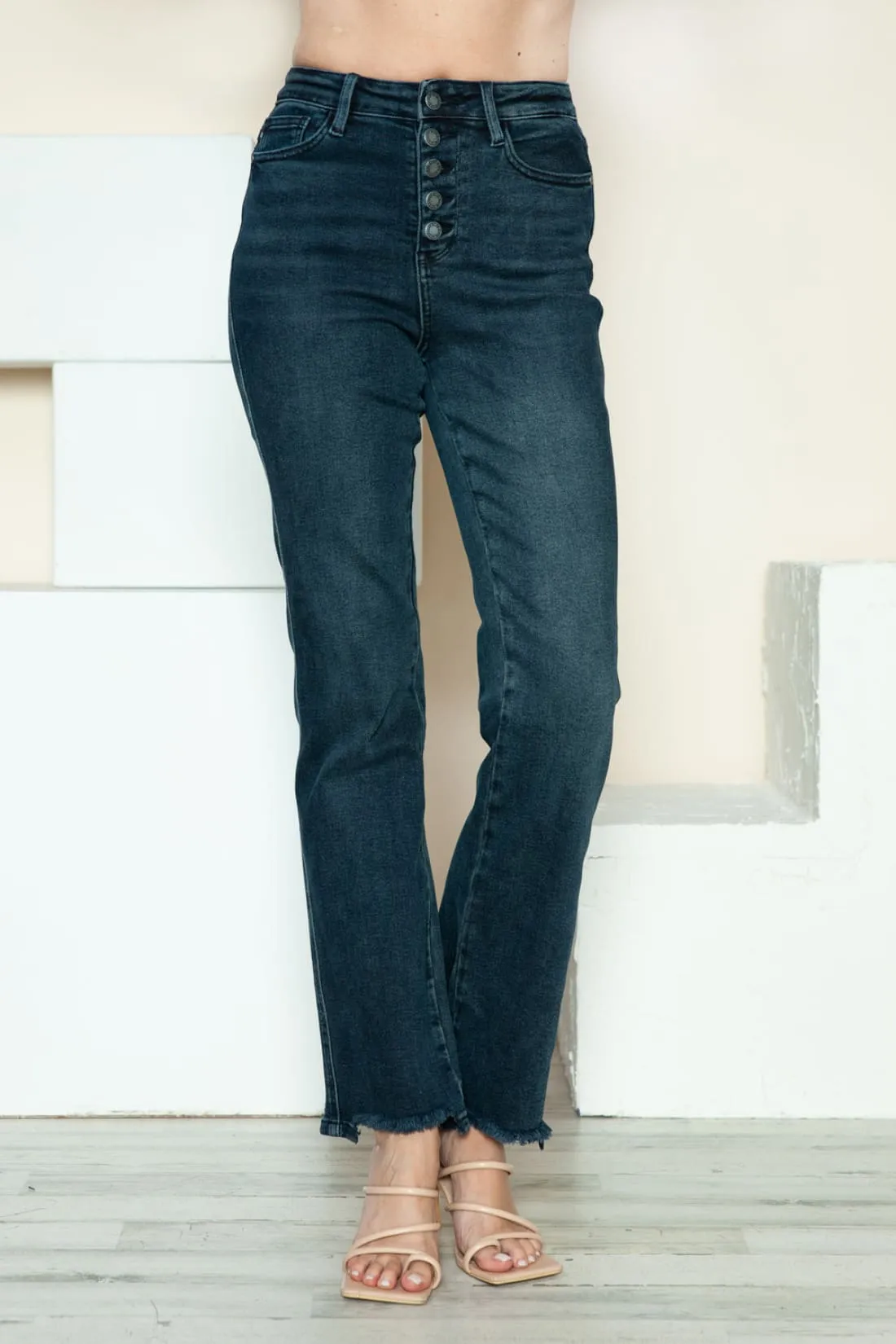 Judy Blue Button Fly Destroyed Hem Straight Jeans