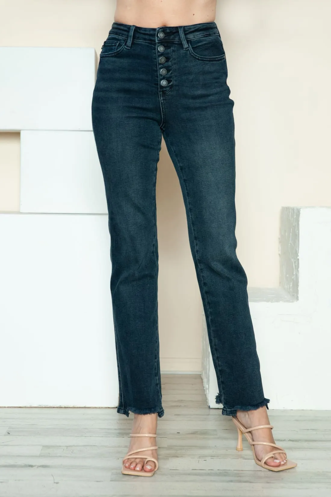 Judy Blue Button Fly Destroyed Hem Straight Jeans
