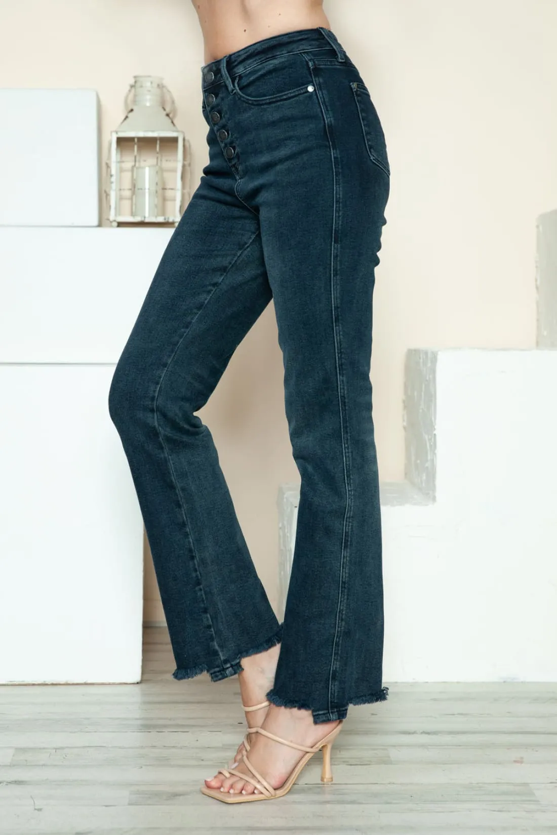 Judy Blue Button Fly Destroyed Hem Straight Jeans