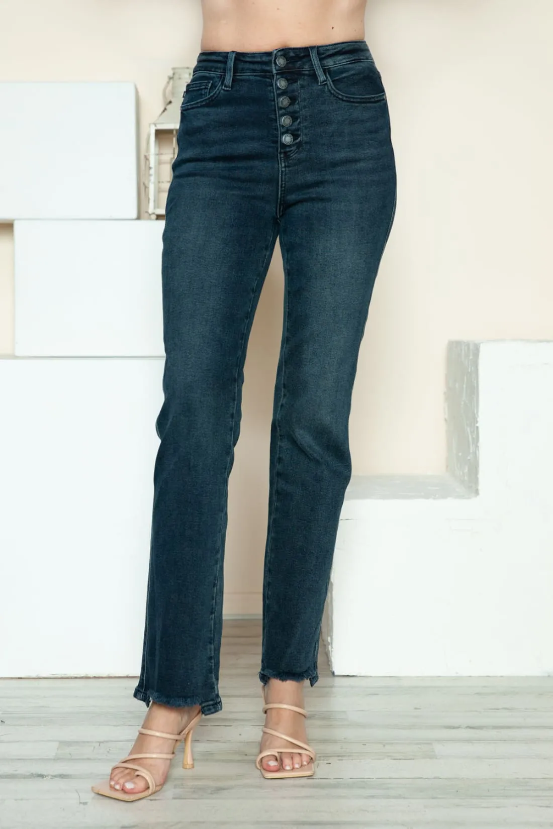 Judy Blue Button Fly Destroyed Hem Straight Jeans