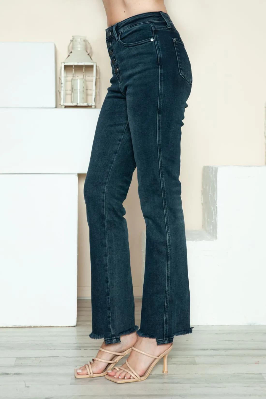 Judy Blue Button Fly Destroyed Hem Straight Jeans