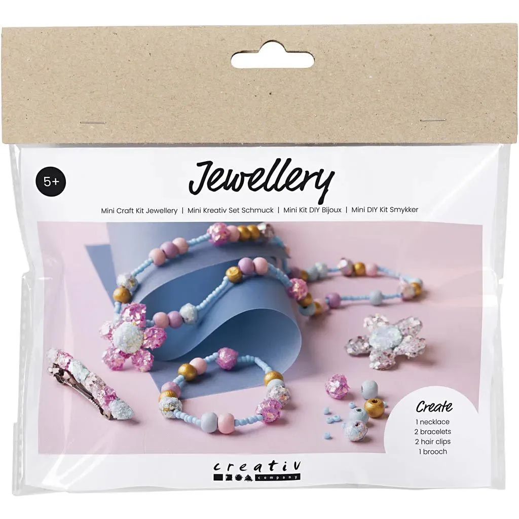 Kid's Jewellery Craft Kit Necklace Bracelet Clips Brooch Pastel Blue Pink - All Materials Included