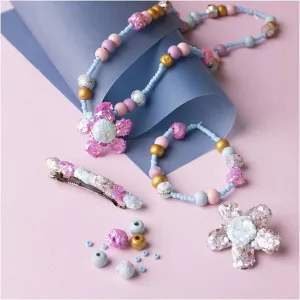Kid's Jewellery Craft Kit Necklace Bracelet Clips Brooch Pastel Blue Pink - All Materials Included