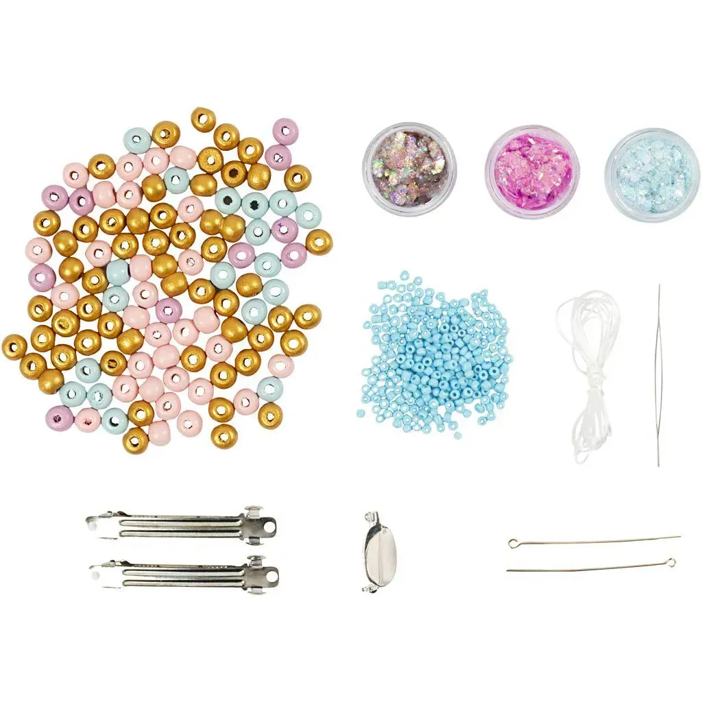 Kid's Jewellery Craft Kit Necklace Bracelet Clips Brooch Pastel Blue Pink - All Materials Included
