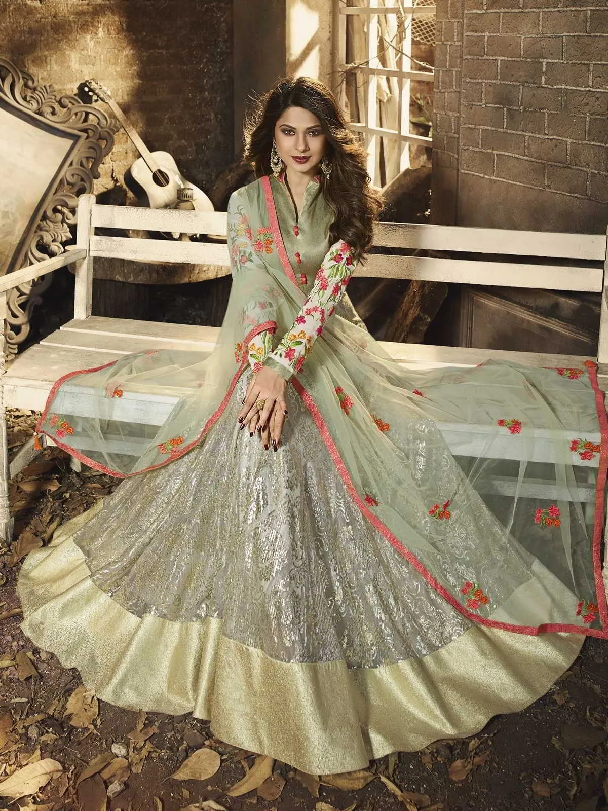 Light Green Traditional Multi Embroidered Anarkali Gown