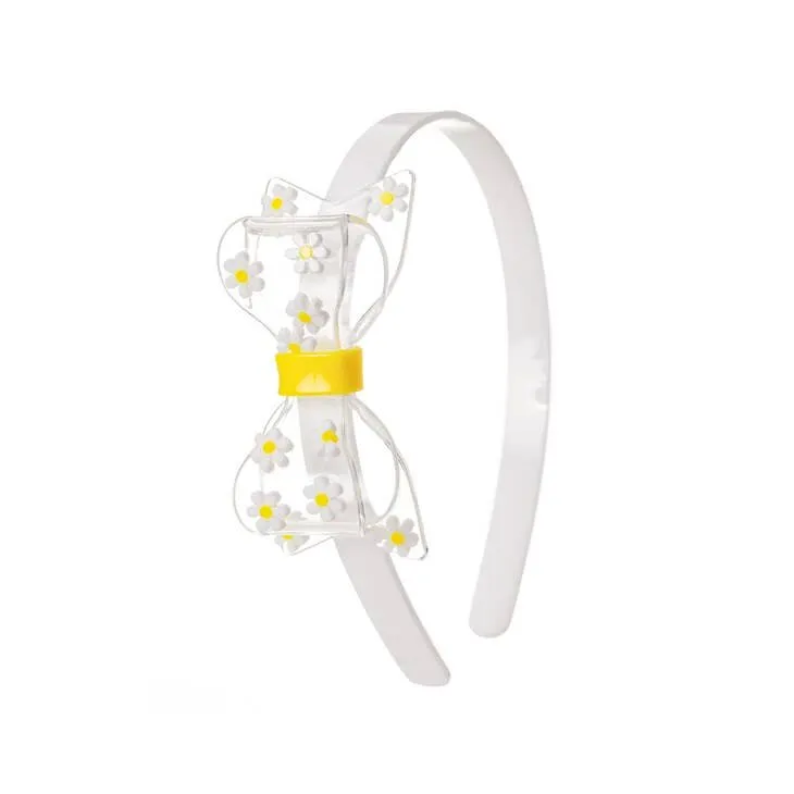 Lilies & Roses Fat Bow Headband - Daisy Clear Bow on White Headband