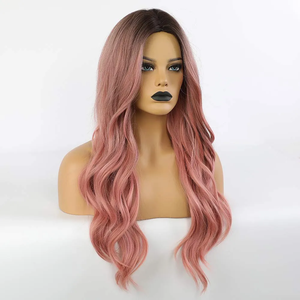Long Natural Wave Ombre Black-Pink Color Wig