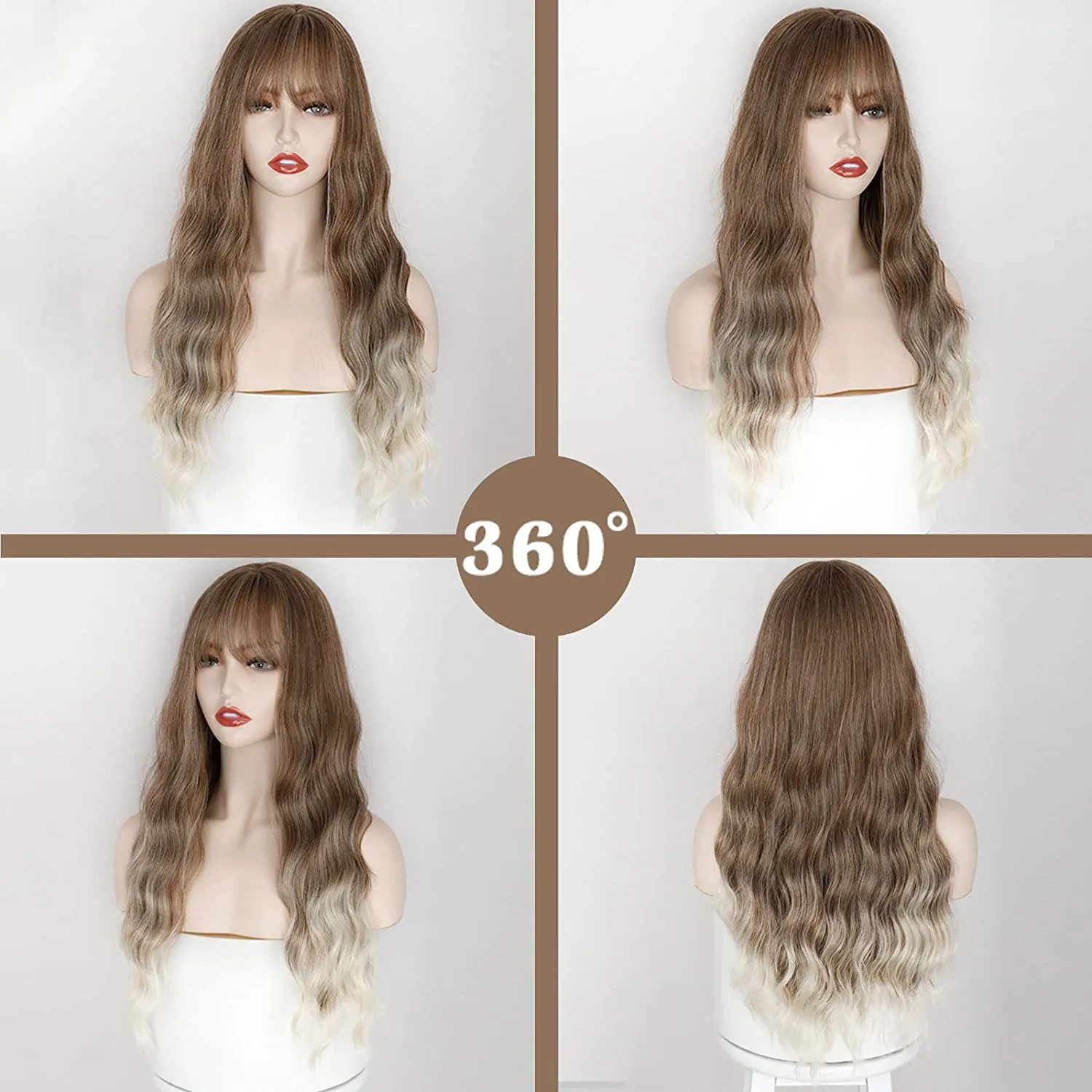 Long Ombre Brown Blonde Full Wavy Wig With Bang