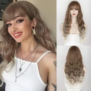 Long Ombre Brown Blonde Full Wavy Wig With Bang
