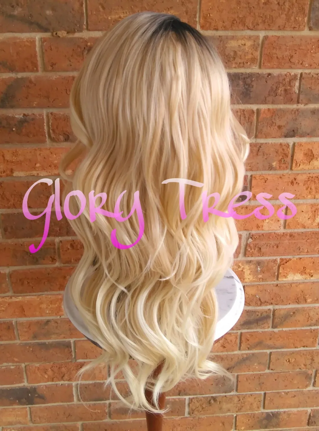 Long Silky Wavy Lace Front Wig, Glory Tress Ombre Golden Blonde Wig, Dark Rooted Bombshell Wig, On Sale // PURITY