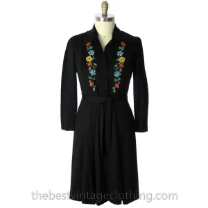 Luisa Spagnoli Vintage 50s RARE Dress Black Jersey Wool Beaded Shirt Dress Large VLV Rockabilly