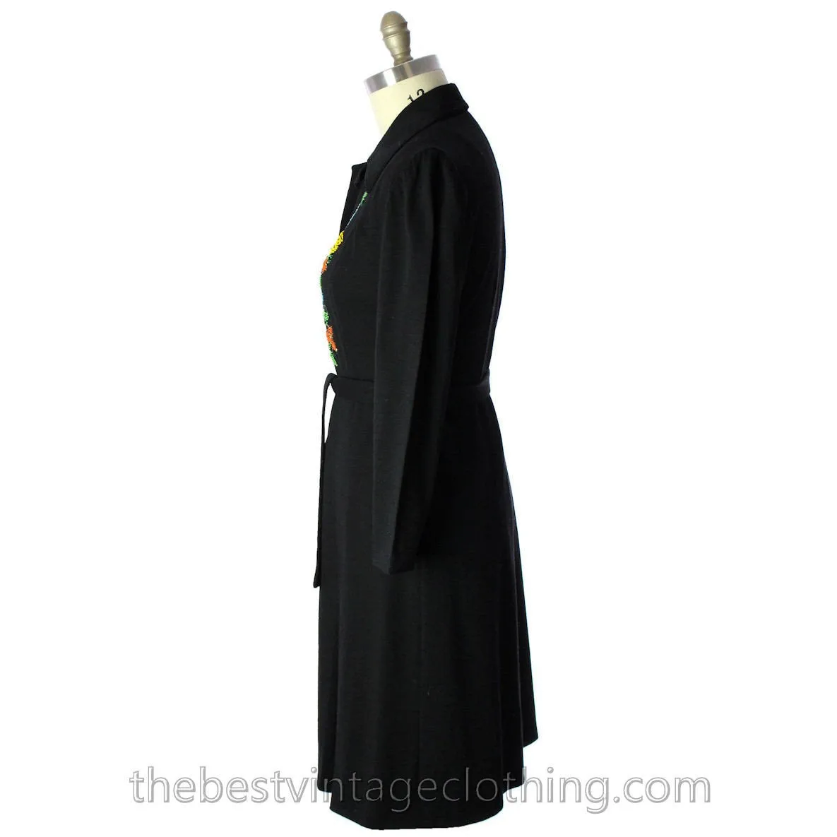 Luisa Spagnoli Vintage 50s RARE Dress Black Jersey Wool Beaded Shirt Dress Large VLV Rockabilly