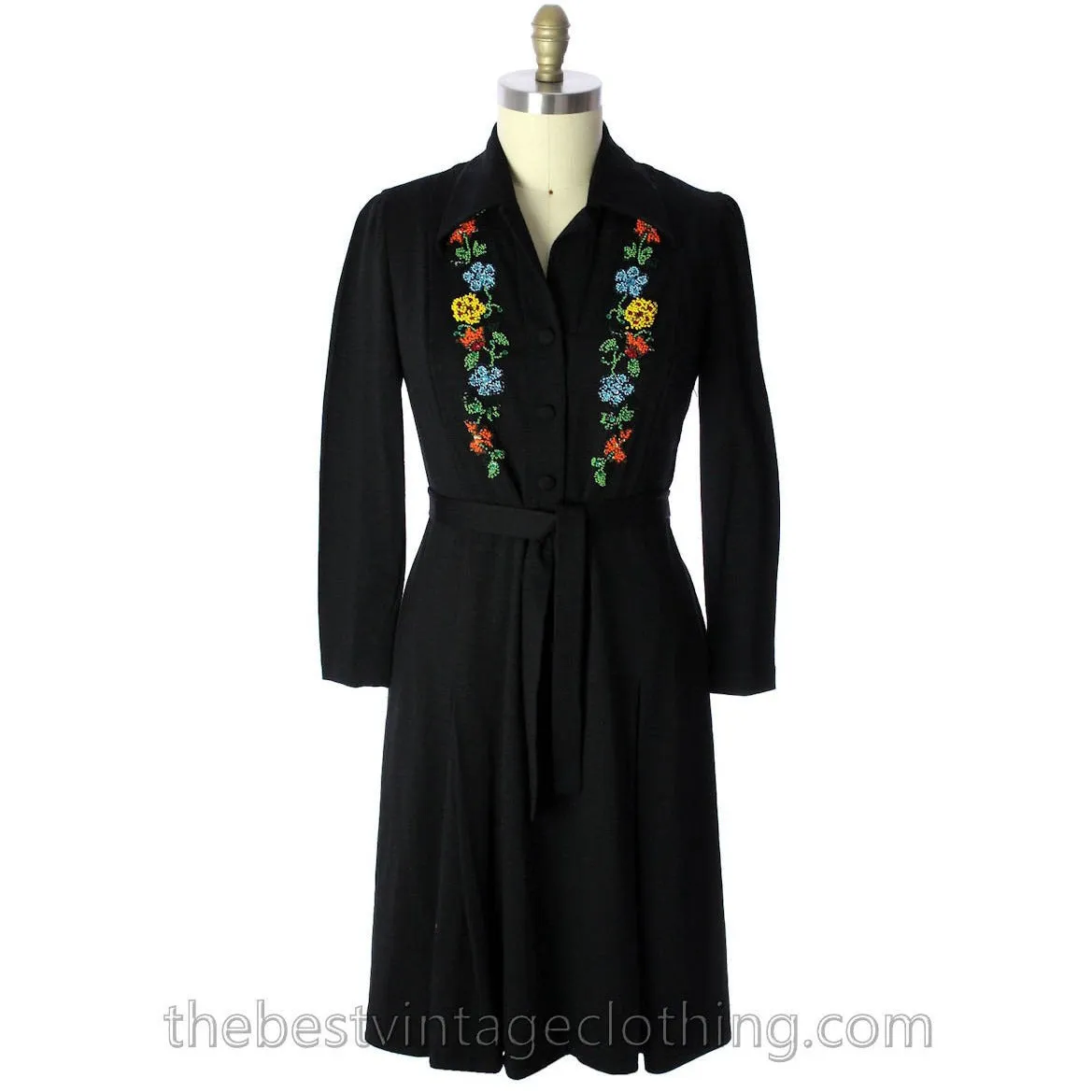 Luisa Spagnoli Vintage 50s RARE Dress Black Jersey Wool Beaded Shirt Dress Large VLV Rockabilly