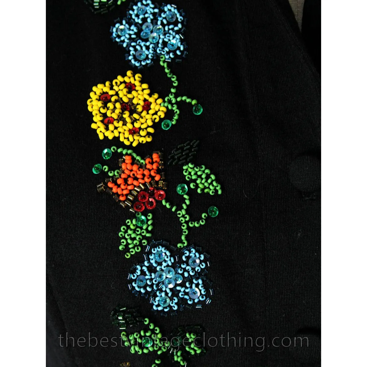 Luisa Spagnoli Vintage 50s RARE Dress Black Jersey Wool Beaded Shirt Dress Large VLV Rockabilly