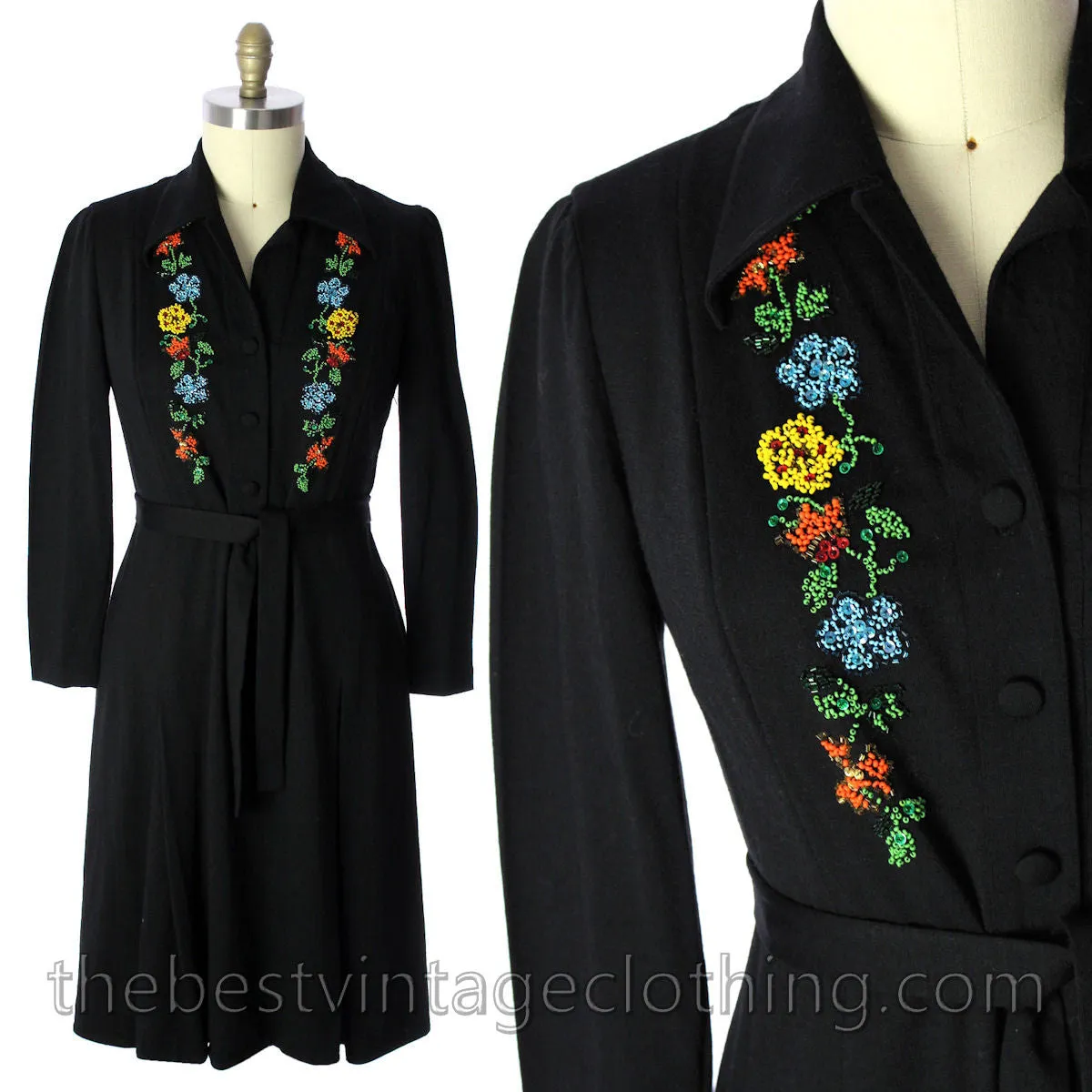 Luisa Spagnoli Vintage 50s RARE Dress Black Jersey Wool Beaded Shirt Dress Large VLV Rockabilly