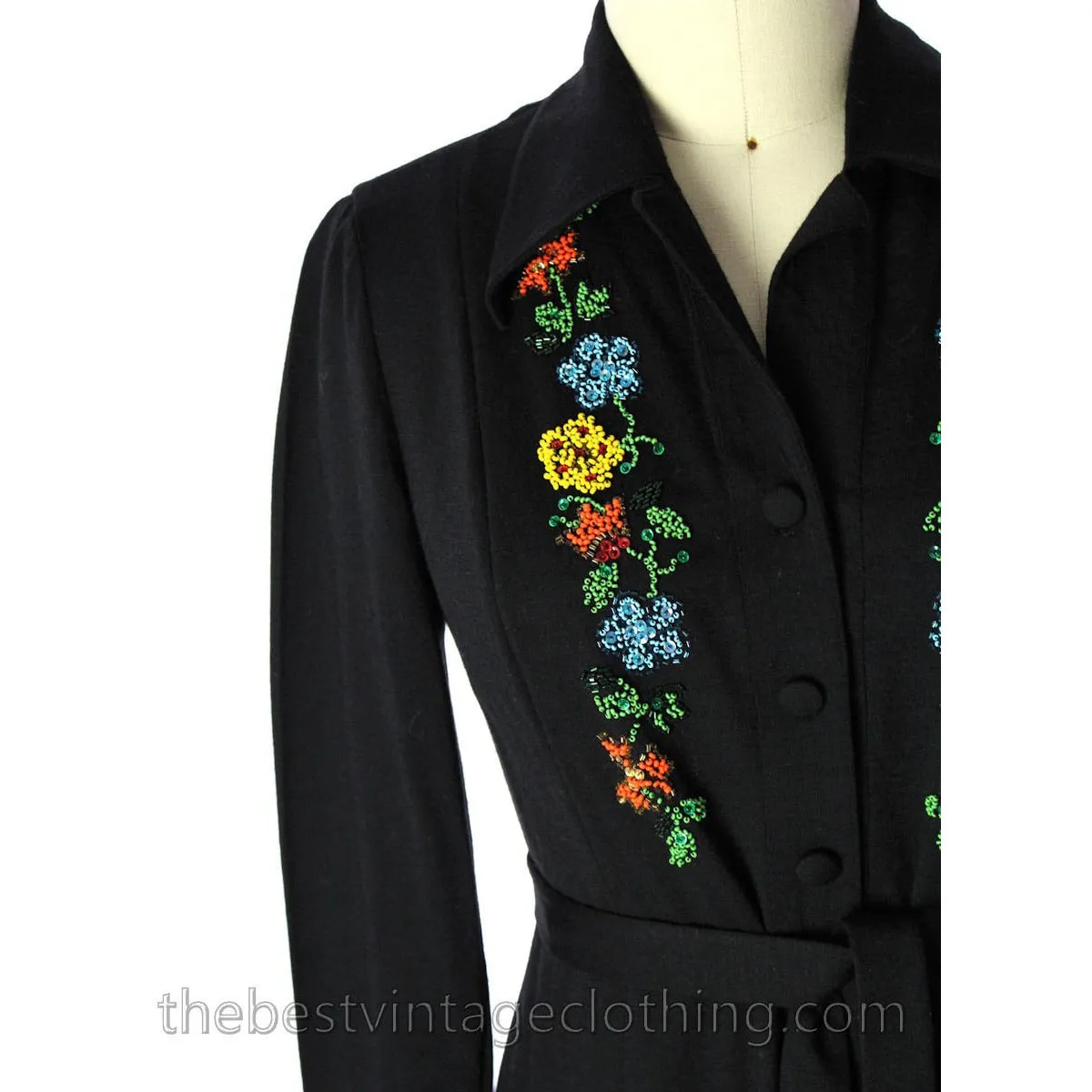 Luisa Spagnoli Vintage 50s RARE Dress Black Jersey Wool Beaded Shirt Dress Large VLV Rockabilly