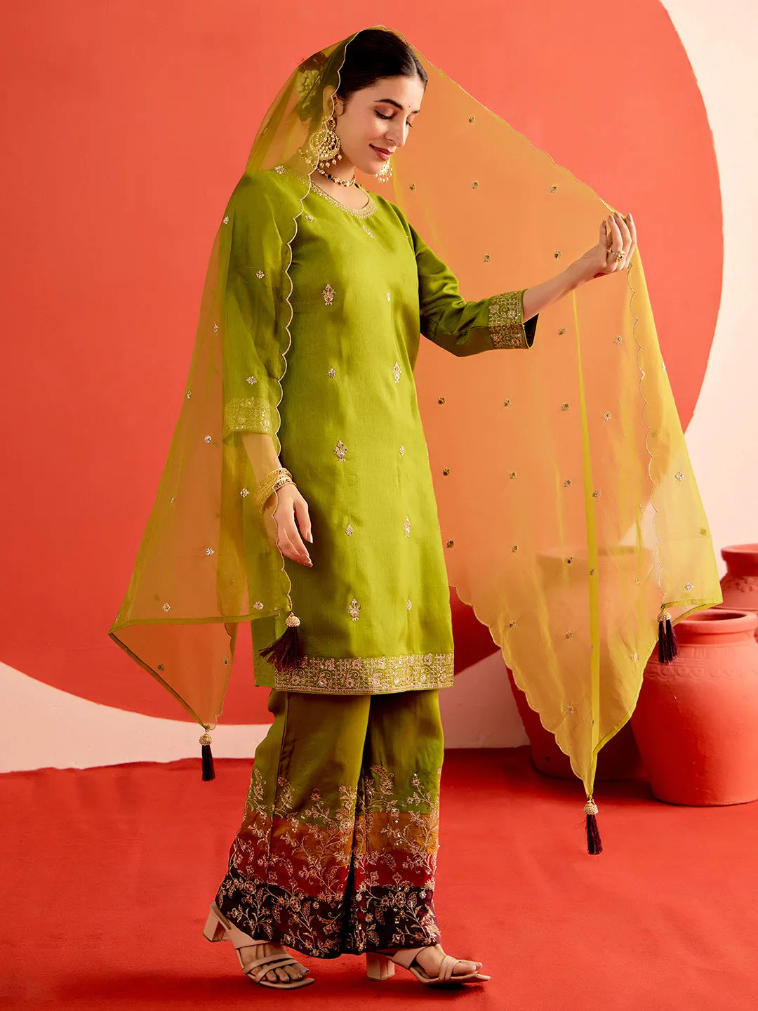 Mehendi Green Zardozi Embroidered Festive Kurta Set With Dupatta