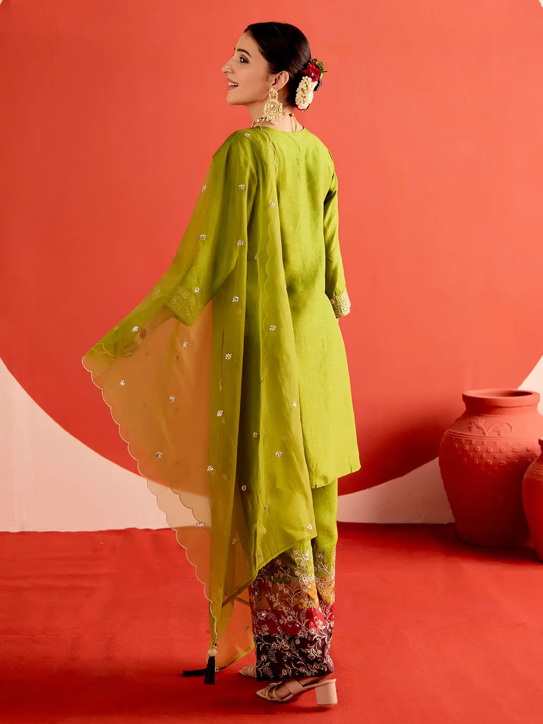 Mehendi Green Zardozi Embroidered Festive Kurta Set With Dupatta