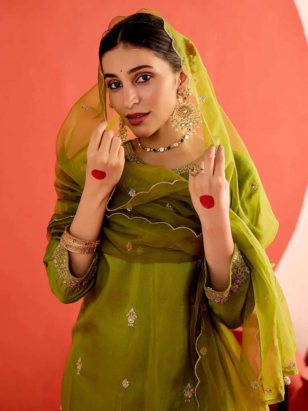 Mehendi Green Zardozi Embroidered Festive Kurta Set With Dupatta